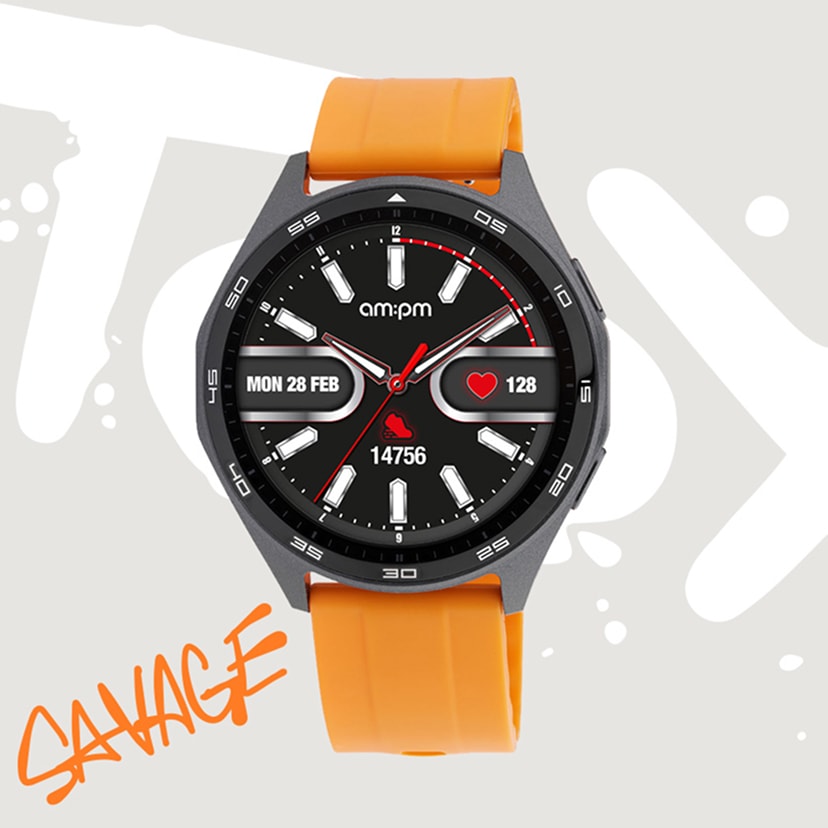 hodinky s oranžovým řemínkem am:pm