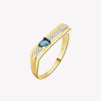 Prsten ze žlutého zlata s diamanty a topazem London Blue