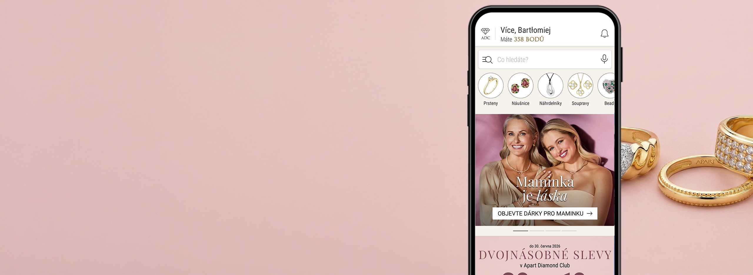 smartphone s otevřenou aplikací Apart Diamond Club