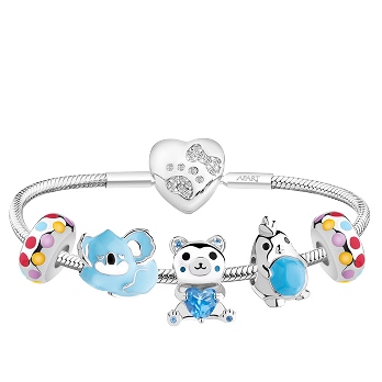 Stříbrný korálkový náramek pro dítě - sada - koala, medvídek, srdíčko, ptáček