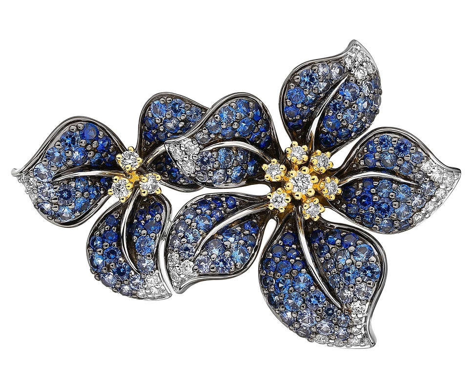 Brož z bílého a žlutého zlata s diamanty a cejlonskými safíry - květiny