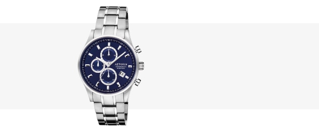 Pánské hodinky Aztorin Chronograph se stříbrným pouzdrem, ocelovým tahem a tmavě modrým ciferníkem.
