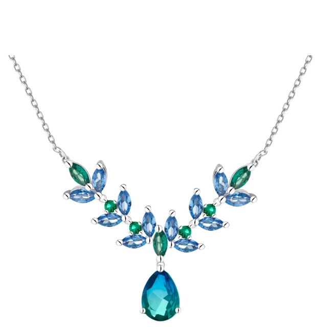 Náhrdelník z bílého zlata zdobený modrými kameny