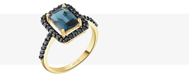 Zlatý prsten ze žlutého zlata s černými diamanty a londýnsko-modrým topazem
