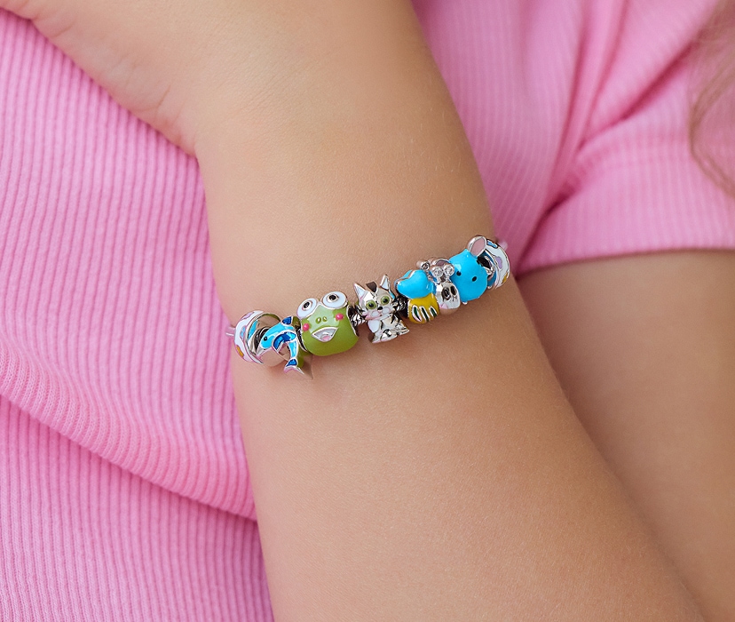 Silver beads bracelet for a child - set - dolphin, frog, cat, bee, mouse