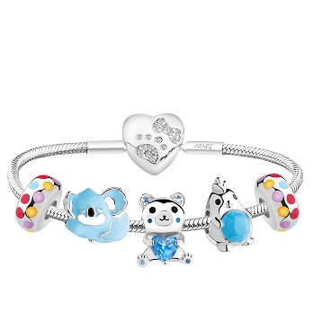 Silver beads bracelet for a child - set - koala, teddy bear, heart, bird