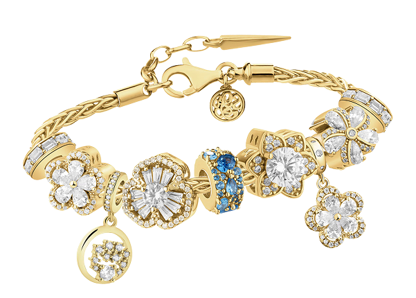 gold beads bracelet - set - flower motif pendants with cubic zirconias