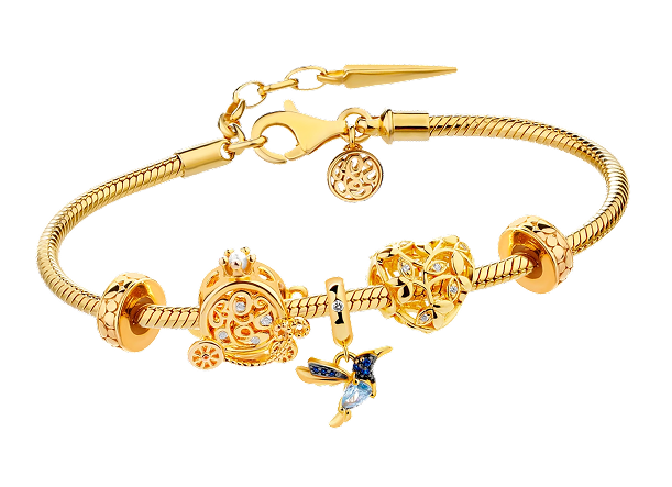gold beads bracelet - set - flower motif pendants with cubic zirconias