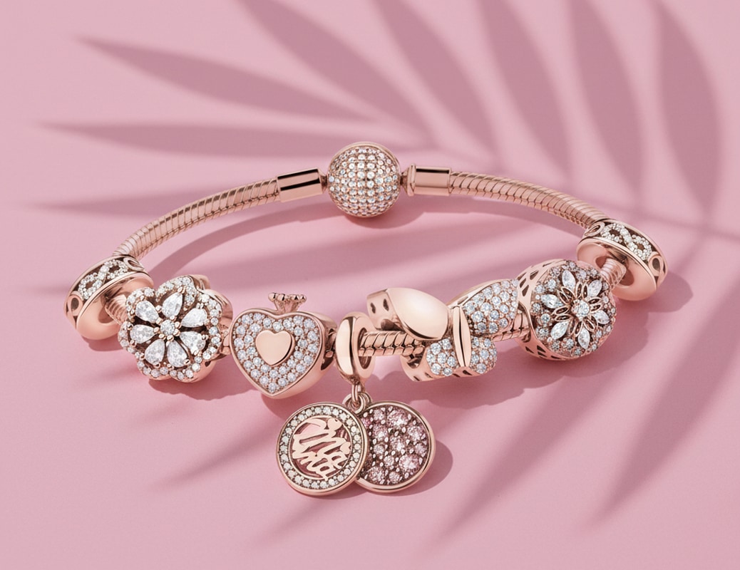 Rose gold bracelet with charms - beads