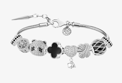 Silver bracelet with bead-shaped charms adorned with cubic zirconia