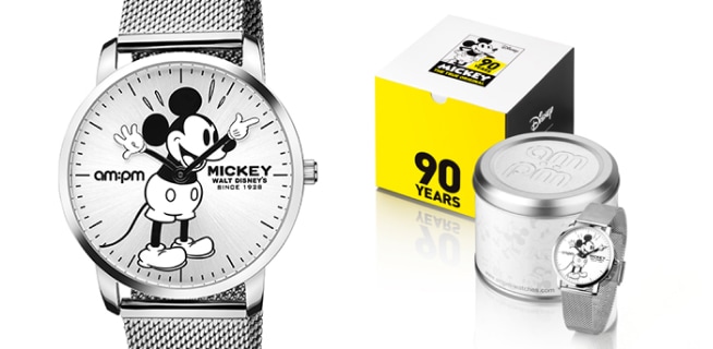 Silver watch by am:pm featuring Mickey Mouse and packaging