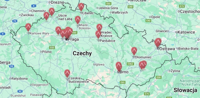 Map of the Czech Republic with showrooms marked Apart