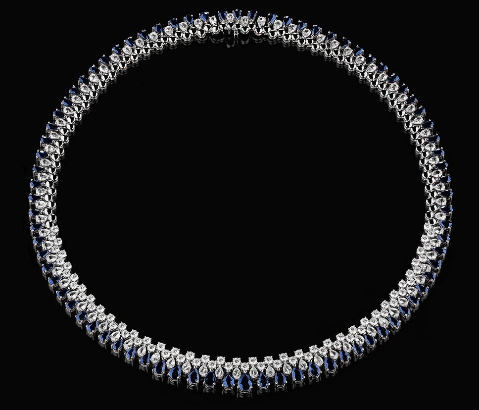 White gold necklace with diamonds and sapphires