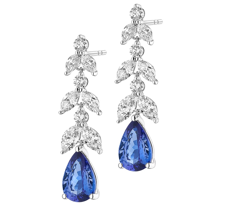 Luxury earrings with diamonds and teardrop-shaped blue tanzanite gemstones