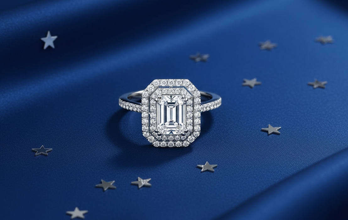 A white gold ring with one large diamond and many small ones