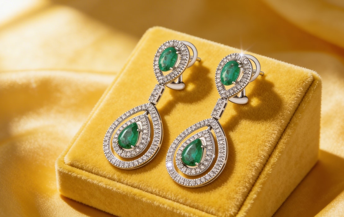 White gold earrings with diamonds and emeralds on a yellow background