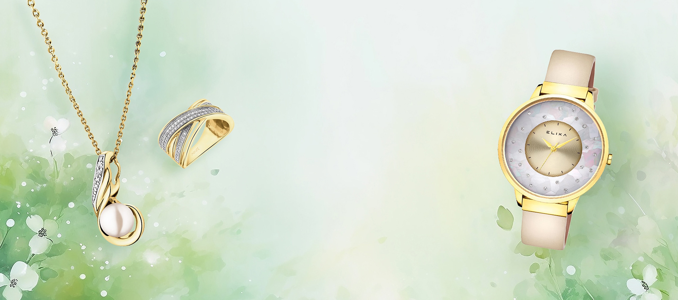 ring, necklace with pearl pendant and Elixa watch