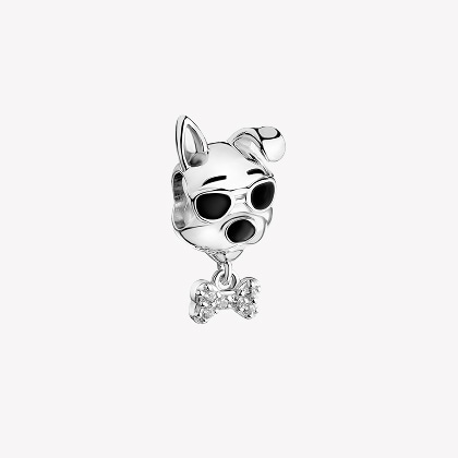 Silver bead pendant with cubic zirconia and enamel - dog