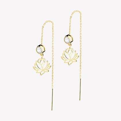 Gold earrings with cubic zirconia - lotus flowers