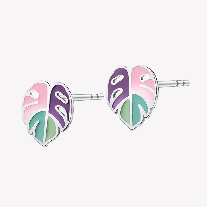 Silver earrings with enamel - monstera