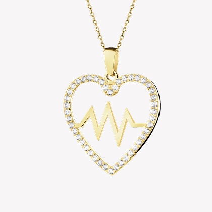 Gold pendant with cubic zirconia - heart, heart EKG