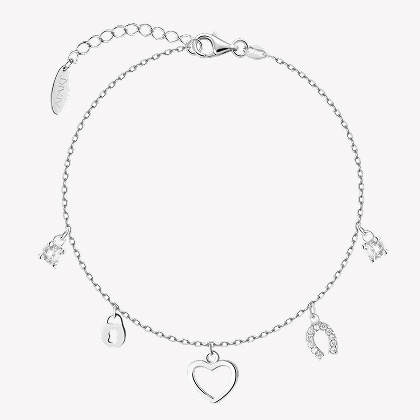 Silver bracelet with cubic zirconia - heart, horseshoe, padlock