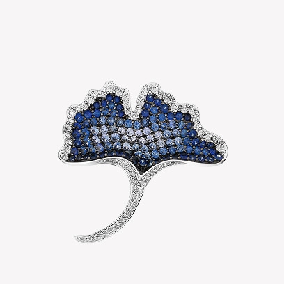 White gold brooch with diamonds and Ceylon sapphires - ginkgo