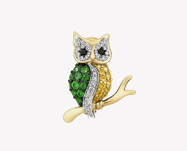 Yellow gold brooch with diamonds, precious stones and decorative stones - owl