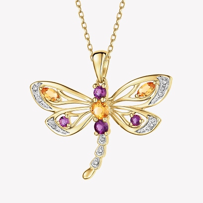 Yellow gold pendant with diamonds and decorative stones - dragonfly