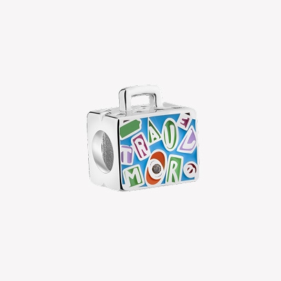Silver beads pendant with enamel and cubic zirconia - suitcase, travel