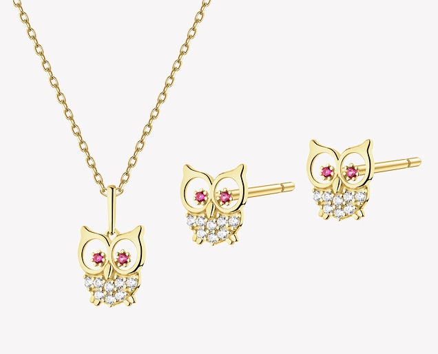 Gold earrings and pendant with cubic zirconia - set - owls