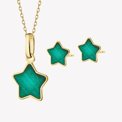 gold earrings and necklace with enamel