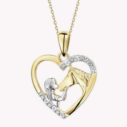 Gold heart-shaped pendant featuring the profiles of a girl and a horse