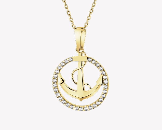 Gold-plated anchor pendant with cubic zirconia