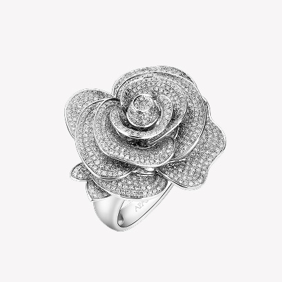 Silver ring shaped like a blooming rose, set with cubic zirconia