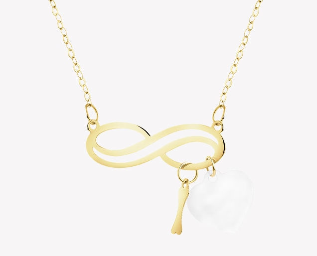 Gold necklace with mother of pearl - infinity, heart, bone