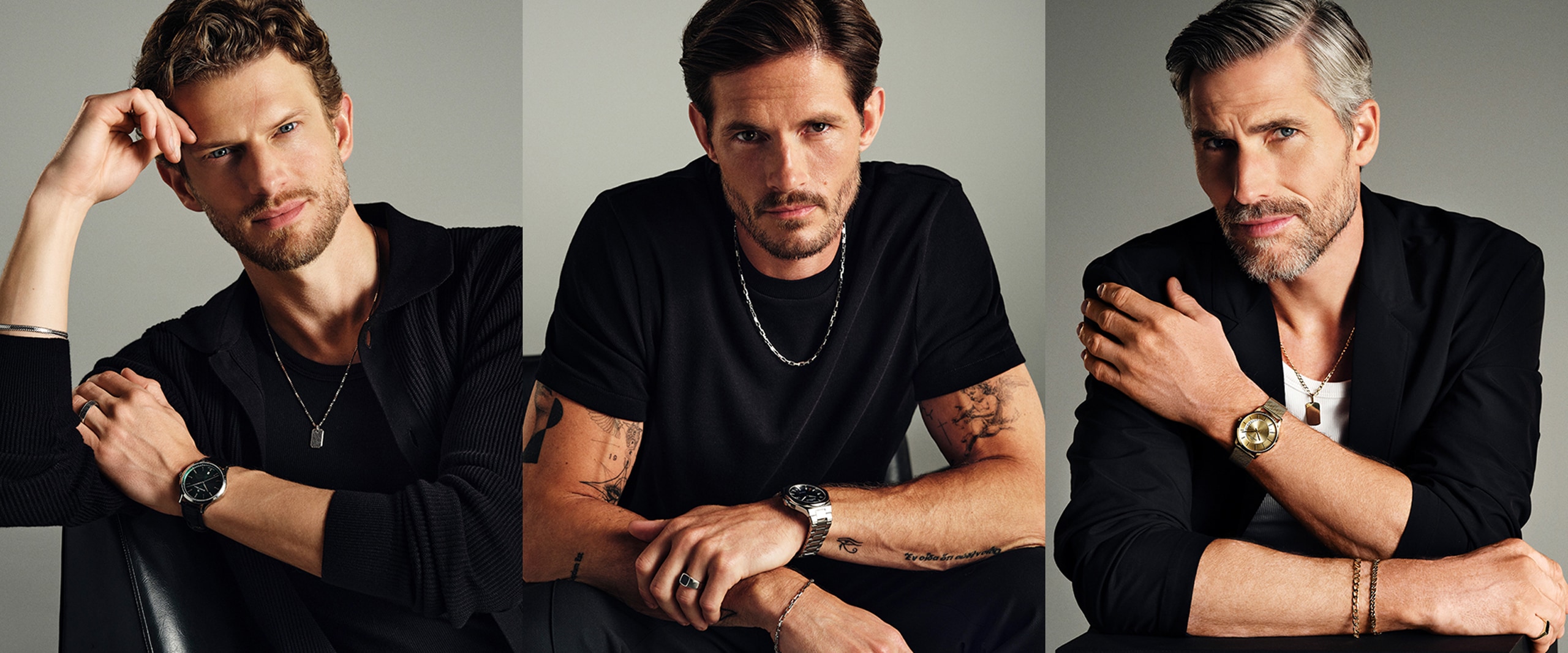 Three men styling men's jewelry