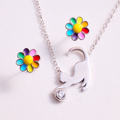Rhodium Plated Silver Earrings, Rhodium Plated Silver Necklace with Cubic Zirconia