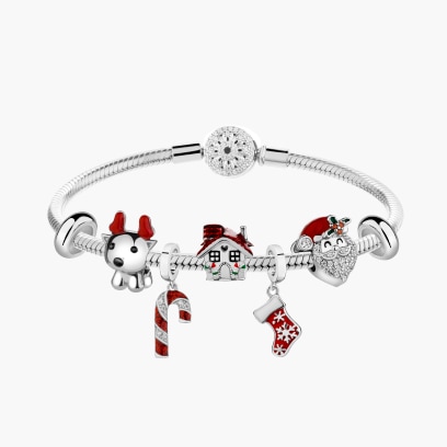 Silver bead bracelet with cubic zirconia - bauble, snowman, star, reindeer, Christmas tree