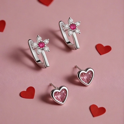 Silver earrings with cubic zirconia - hearts, silver earrings with cubic zirconia - flowers