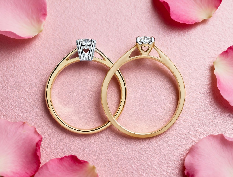 Two gold engagement rings with a heart hidden in a diamond base, on a pink background with rose petals