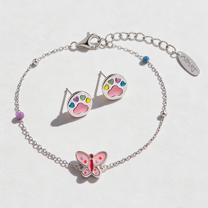 Silver earrings with enamel - dog paws, silver bracelet with a pendant - butterfly