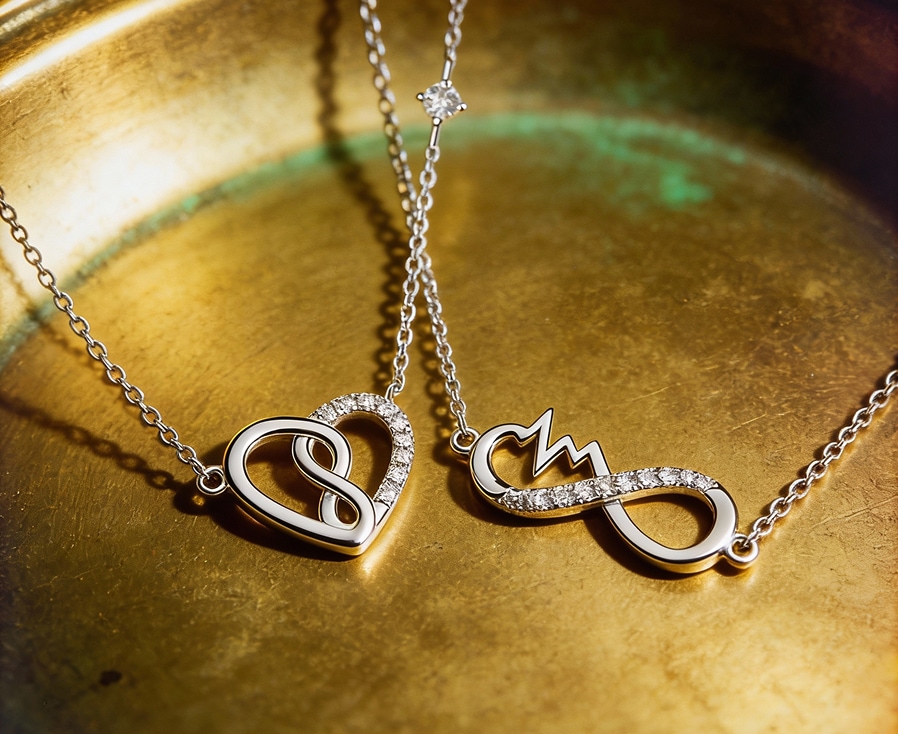 Two silver pendants in an infinity motif decorated with cubic zirconias