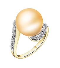Rhodium-Plated Yellow Gold Ring with diamonds and gold pearl