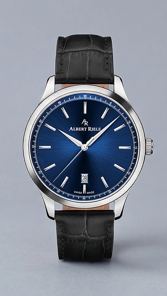 Albert Riele watch with blue case and leather strap