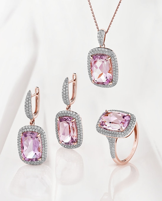 Rose gold jewelry set with large pink stones and cubic zirconia