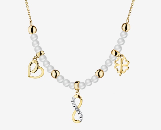 Yellow gold necklace with diamond and pearls - heart, infinity, clover