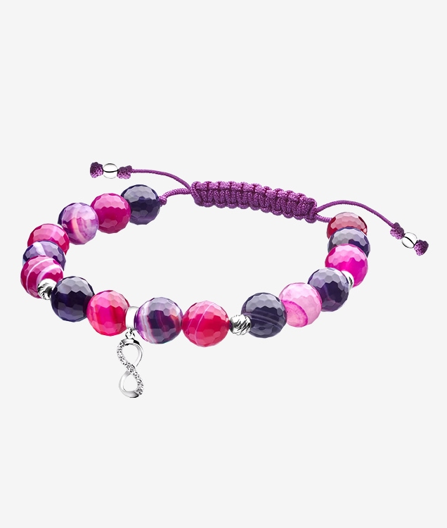 String bracelet with pink and purple beads and silver elements
