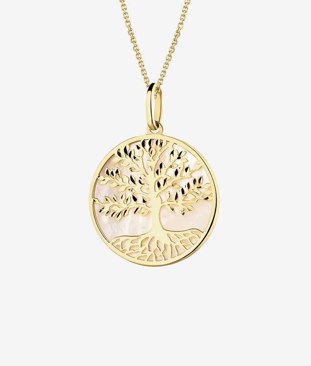 Gold round pendant - tree