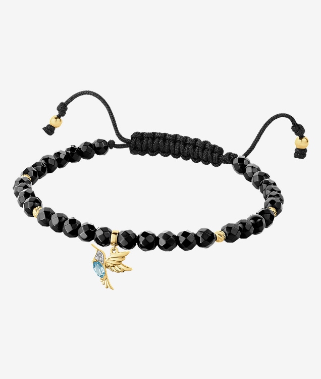 Bracelet with diamonds, London Blue topaz, agates, and yellow gold elements - hummingbird